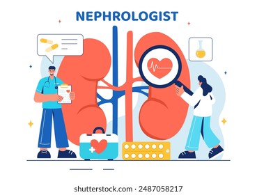Ilustración vectorial nefróloga con un cardiólogo, proctólogo y tratamiento renal en un fondo de caricatura plana de cuidado de la salud