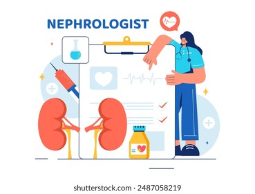 Ilustración vectorial nefróloga con un cardiólogo, proctólogo y tratamiento renal en un fondo de caricatura plana de cuidado de la salud