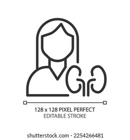 Nephrology pixel perfect linear icon. Disease prevention and treatment of kidneys. Renal disease. Healthcare service. Thin line illustration. Contour symbol. Vector outline drawing. Editable stroke