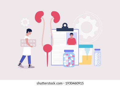 Nephrology, urology concept. Young man holding pills and checks kidneys. Colorful flat vector illustration