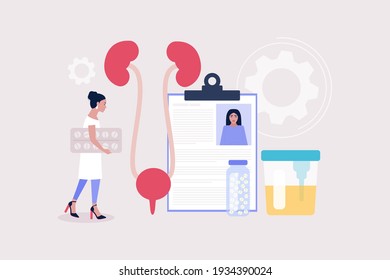 Nephrology, urology concept. Young woman holding pills and checks kidneys. Colorful flat vector illustration