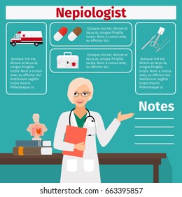 Nepiologist and medical equipment icons with infographics elements for medical and pharmaceutical industry. Vector illustration
