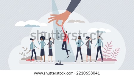 Nepotism as government problem with relative advantage tiny person concept. Corruption and illegal workforce pickup and selection without fair elections based on candidates skills vector illustration.