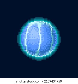 Neptune blue pixel art planet magic fantasy alien world isolated glowing globe with water or aqua. Vector round lunar celestial body, planet of solar system, globe universe, galaxy 8 bit game element