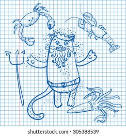 Neptune cat and  crab, squid, lobster drawn on sheet of paper