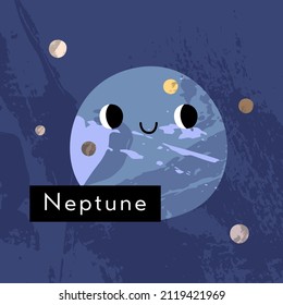 Neptune. Cute kawaii planet character with smiling face. Funny celestial body. Solar system. Astronomy for kids. Vector flat cartoon illustration