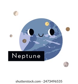 Neptune. Cute kawaii planet character with smiling face. Funny celestial body. Solar system. Astronomy for kids. Vector flat cartoon illustration