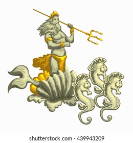 Neptune with Golden Trident rushes in a chariot. Vector illustration.