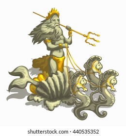 Neptune with Golden Trident rushes in a chariot. Vector illustration.