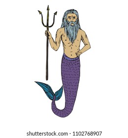 Neptune holding trident, hand drawn outline doodle sketch, vector illustration