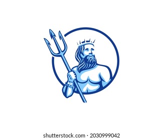 Neptune holds trident inside a circle logo concept. poseidon king of sea