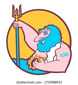 Neptune holds trident and shell, Poseidon isolated on white background