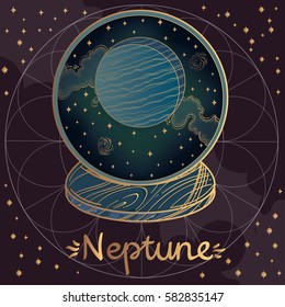 Neptune. Illustration on the background of a starry sky. The planet of the solar system in a glass bowl on a stand. Illustration for design on the astrology, astronomy, spirituality.