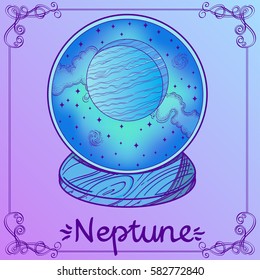 Neptune. Illustration in style pastel goth. The planet of the solar system in a glass bowl on a stand. Illustration for design on the astrology, astronomy, spirituality.