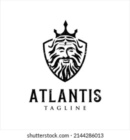 Diseño del logo Neptune ilustración vectorial de la silueta oceánica Poseidon. Plantilla de reserva de agua de mascota del Atlantis del Mar Humano