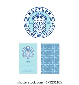 Neptune Logo. Poseidon Logo. Seafood Restaurant Emblems. Neptune God In The Crown With Letters In The Circle Badge. Linear Logo. Identity. Business Card.