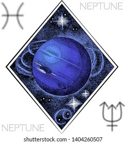 Neptune planet. Hand drawn illustration in dotwork style with astrological symbols of the planet and Pisces zodiac sign. Space concept, astrology, astronomy t shirt print, cosmic logo design.