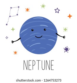 Neptune planet. Planet with hands and eyes. Vector illustration for children on white isolated background
