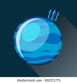 Neptune planet icon with long shadow. Space view and texture map of  the globe Neptune. Vector illustration in flat style.
