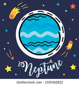 Neptune planet. Vector collection of solar system planets. Educational visual aid for children. Practical handout for kids' learning. Cute, doodle, cartoon style.