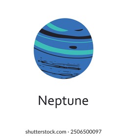 Neptune planet vector illustration, flat cartoon style. Doodle for space and astronomy themes, astrology, children books, icon for educational purposes. Blue gas giant from the solar system