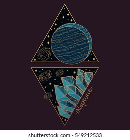 Neptune. Planets and stars of Solar system. Symbols for astronomy and astrology. Stylized characters with a gold contour in the form of triangles on a dark background.