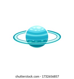 Neptune solar system planet vector icon, blue planet with meteorite satellite rings, cartoon sticker for teaching astronomy and space to children at school online, isolated on white eps 10 doodle 