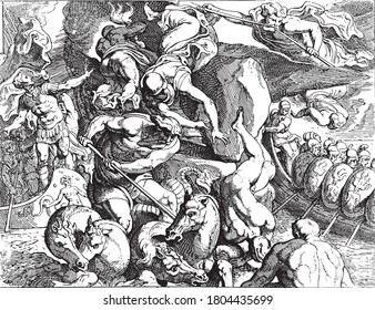 Neptune stirs up a storm, Theodoor van Thulden, after Francesco Primaticcio, after Nicolo dell Abate, 1633 Neptune stirs up a storm, vintage engraving.