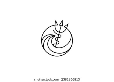 Neptune trident logo with waves in a circle frame line art style