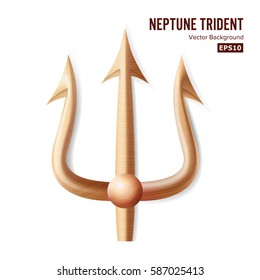 Neptune Trident Vector. Bronze Realistic 3D Silhouette Of Neptune Or Poseidon Weapon. Pitchfork Sharp Fork Object. Isolated On White Background.