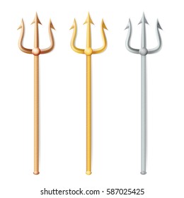 Neptune Trident Vector. Realistic 3D Silhouette Of Poseidon Weapon. Gold, Silver, Bronze Trident. Pitchfork Sharp Fork Object. Isolated On White Background.