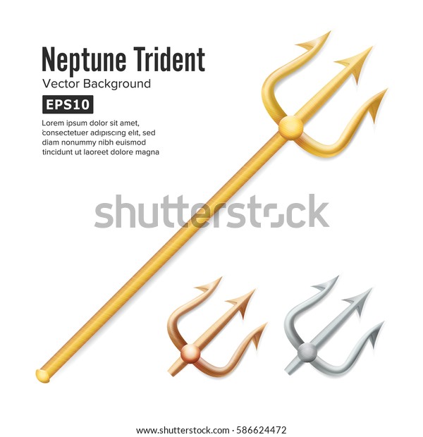 Neptune Trident Vector. Realistic 3D\
Silhouette Of Poseidon Weapon. Gold, Silver, Bronze. Pitchfork\
Sharp Fork Object. Isolated On White\
Background.\
