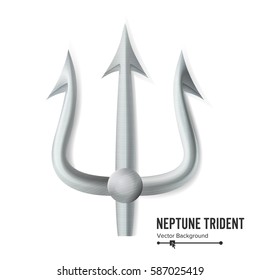 Neptune Trident Vector. Silver Realistic 3D Silhouette Of Neptune Or Poseidon Weapon. Pitchfork Sharp Fork Object. Isolated On White Background.