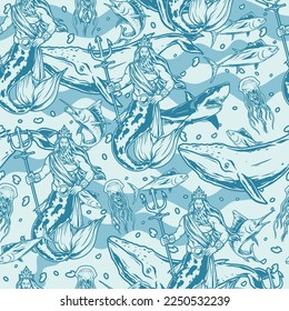 Neptune underwater pattern seamless monochrome sea god with trident and mermaid tail among ocean fish and sharks vector illustration