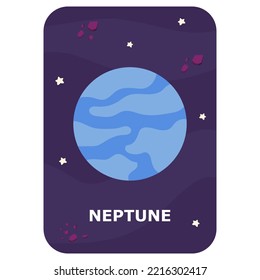 Neptune. Vector Space flash card. English language game with cute astronaut, rocket, planet, comet, alien for kids. Astronomy flashcards with funny characters. Simple educational printable worksheet