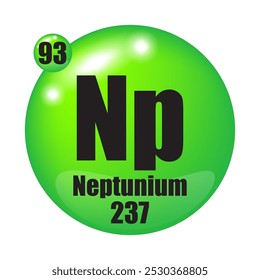 Neptunium icon. Np chemical element. Atomic number 93. Mass 237. Green sphere image.