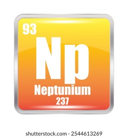 Neptunium icon. Np chemical element. Atomic number 93. Mass 237. Yellow square image. Vector symbol.