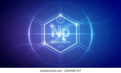 Neptunium (Np) (093) Actinide - Fundamental Element Futuristic Neon Light Glow Hexagon Block Grid Background Design - Periodic Table, Chemical Symbol, Name, Atomic Mass, Atomic Number