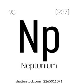 Neptunium, Np, periodic table element with name, symbol, atomic number and weight. Synthetic radioactive element with potential uses in scientific research and nuclear power.