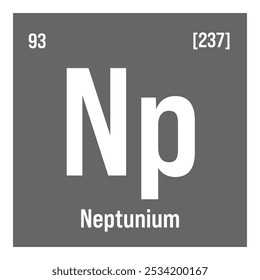 Netúnio, Np, elemento de tabela periódica com nome, símbolo, número atômico e peso. Elemento radioativo sintético com potenciais utilizações na pesquisa científica e na energia nuclear.