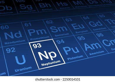 Neptunium on periodic table of the elements. Radioactive metallic element in the actinide series with atomic number 93 and symbol Np, named after planet Neptune. Precursor for plutonium-238 formation.