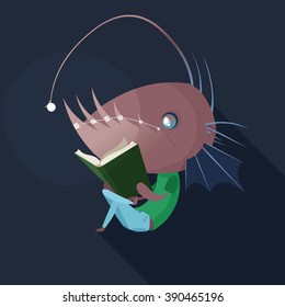 nerd angler fish reading book 