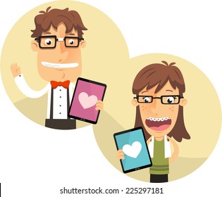 Nerd app for geek couples with thick rimmed glasses, with heart shape app for i pad vector illustration.