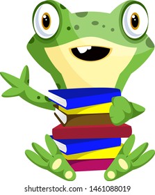 Nerd baby frog carrying books, illustration, vector on white background.