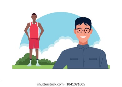 nerd and basketball player perfectly imperfect characters vector illustration design