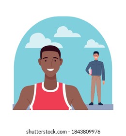nerd and basketball player perfectly imperfect characters vector illustration design