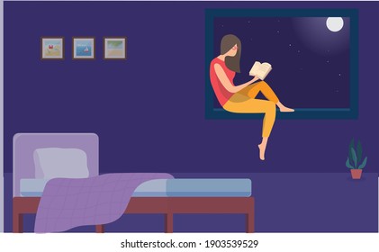 A nerd book reader staying up in the night , reading a chapter from a book. as a place for silence and isolation she prefers her window and moonlight to read the book,