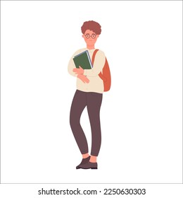 Nerd boy with backpack and books. Geeky teenager student ready to school vector illustration