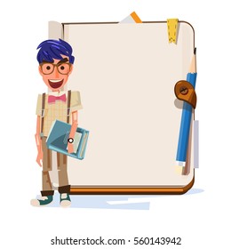 nerd boy with blank notebook for presentation - vector illustration