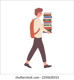 Nerd boy carrying stack of books. Geek student with learning materials vector illustration